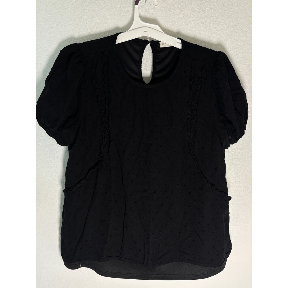 Live To Be Spoiled Black Swiss Dot Ruffle Short Sleeve Blouse Large Keyhole Back